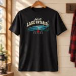 Still Lake Ontario Canada T-Shirt, Vintage Lake Map and Canoe Graphic Tee, Front Print Lake Lover Gift - Thumbnail Image 3
