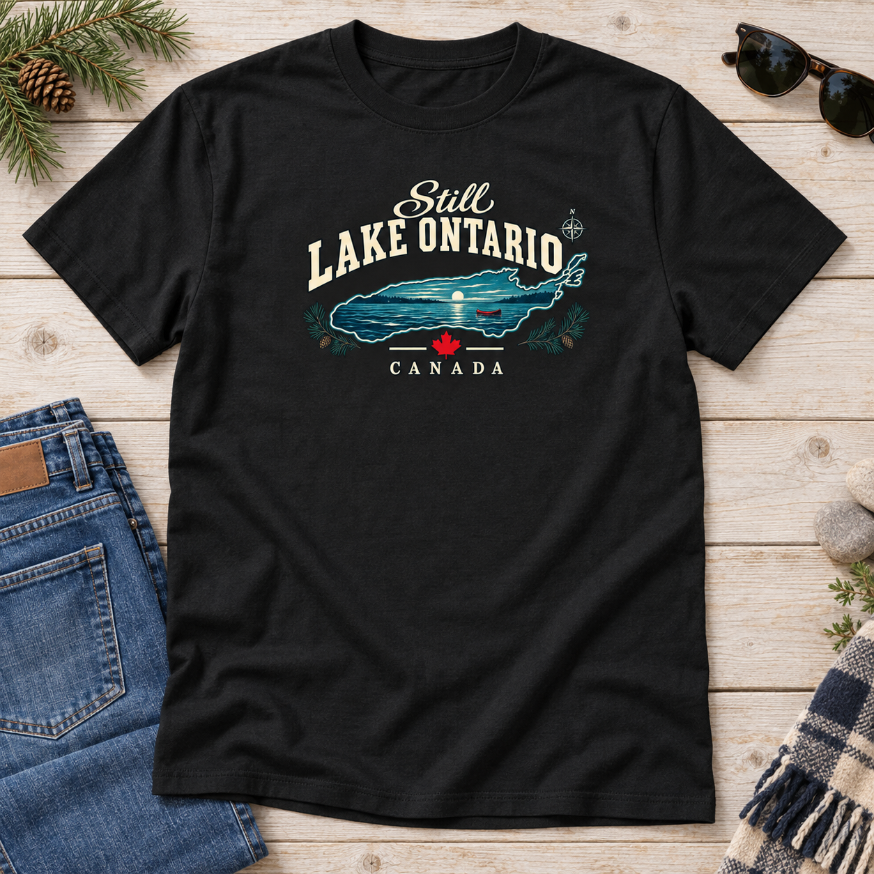 Still Lake Ontario Canada T-Shirt, Vintage Lake Map and Canoe Graphic Tee, Front Print Lake Lover Gift - Image 4