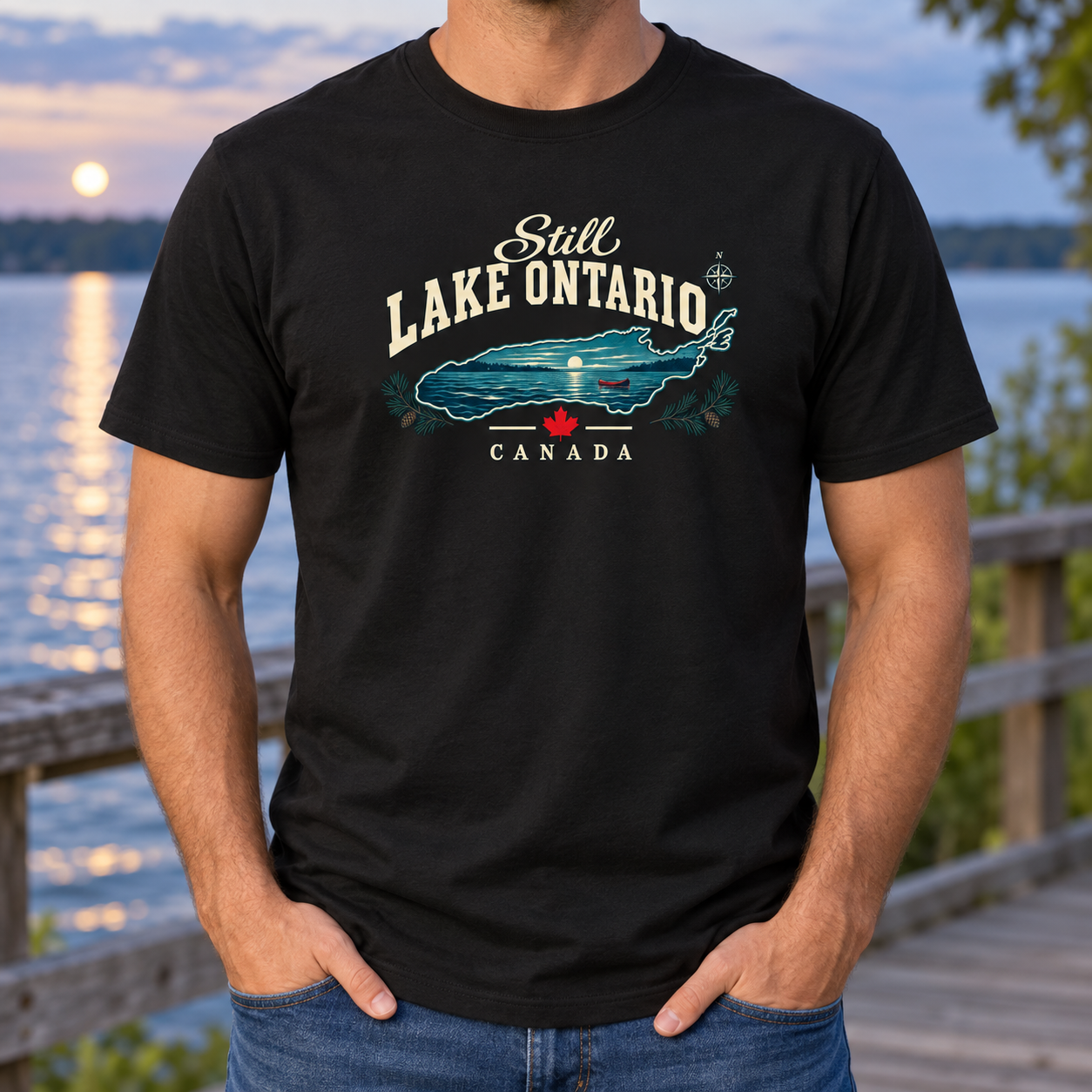 Still Lake Ontario Canada T-Shirt, Vintage Lake Map and Canoe Graphic Tee, Front Print Lake Lover Gift - Image 5