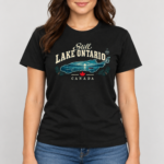 Still Lake Ontario Canada T-Shirt, Vintage Lake Map and Canoe Graphic Tee, Front Print Lake Lover Gift - Thumbnail Image 6