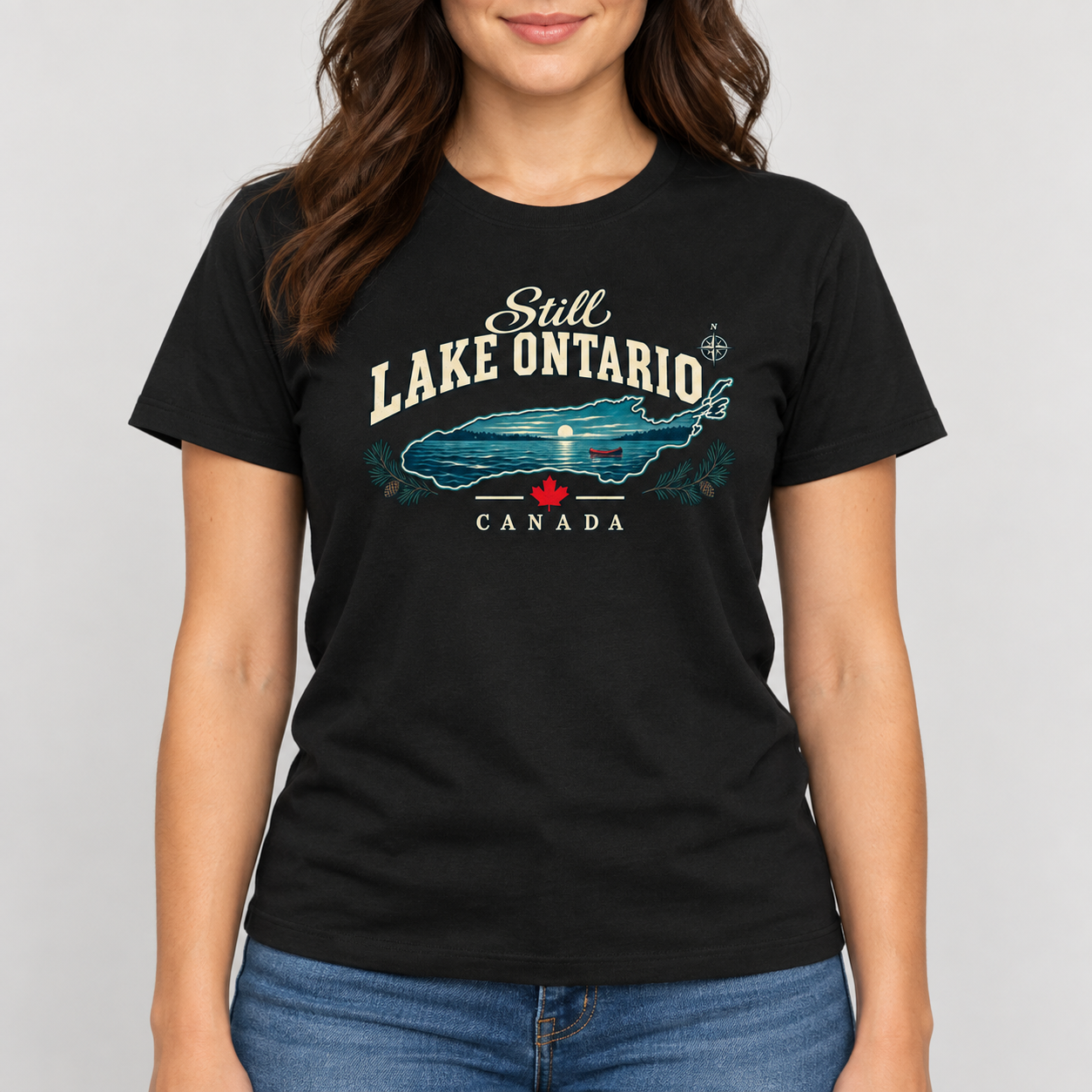 Still Lake Ontario Canada T-Shirt, Vintage Lake Map and Canoe Graphic Tee, Front Print Lake Lover Gift - Image 6