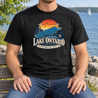 Alternative view of Lake Ontario T-Shirt, Retro Sunset Lake Map Graphic Tee, Freshwater Coast Front Print Lake Life Shirt