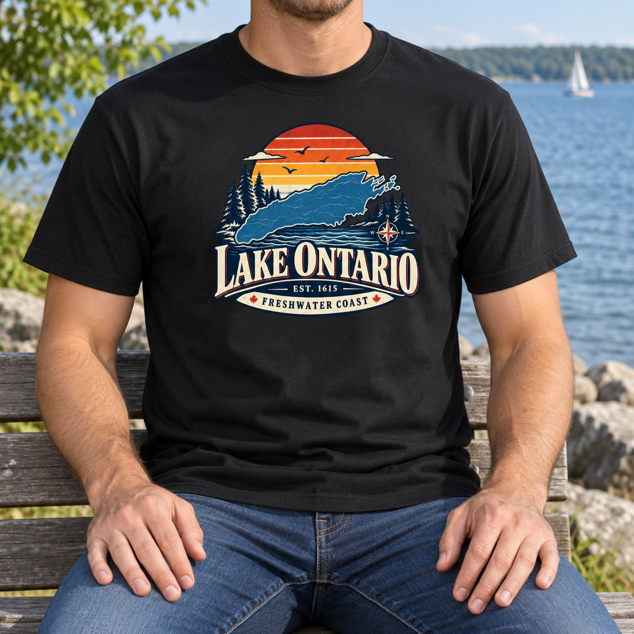 Lake Ontario T-Shirt, Retro Sunset Lake Map Graphic Tee, Freshwater Coast Front Print Lake Life Shirt - Image 2
