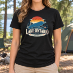 Lake Ontario T-Shirt, Retro Sunset Lake Map Graphic Tee, Freshwater Coast Front Print Lake Life Shirt - Thumbnail Image 3