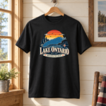 Lake Ontario T-Shirt, Retro Sunset Lake Map Graphic Tee, Freshwater Coast Front Print Lake Life Shirt - Thumbnail Image 4