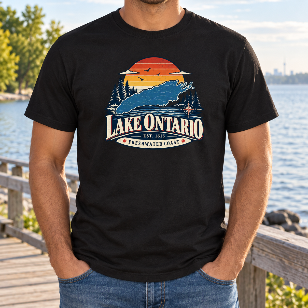 Lake Ontario T-Shirt, Retro Sunset Lake Map Graphic Tee, Freshwater Coast Front Print Lake Life Shirt - Image 5