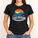 Lake Ontario T-Shirt, Retro Sunset Lake Map Graphic Tee, Freshwater Coast Front Print Lake Life Shirt - Thumbnail Image 7