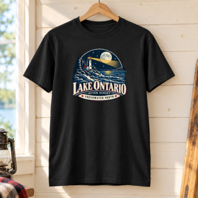 Alternative view of Lake Ontario Lighthouse T-Shirt, After Sunset Moonlight Graphic Tee, Front Print Nautical Lake Lover Gift