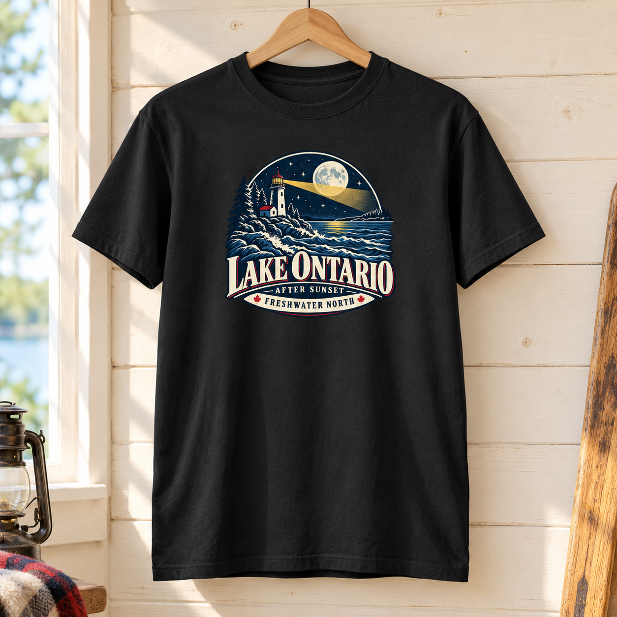 Lake Ontario Lighthouse T-Shirt, After Sunset Moonlight Graphic Tee, Front Print Nautical Lake Lover Gift - Image 2