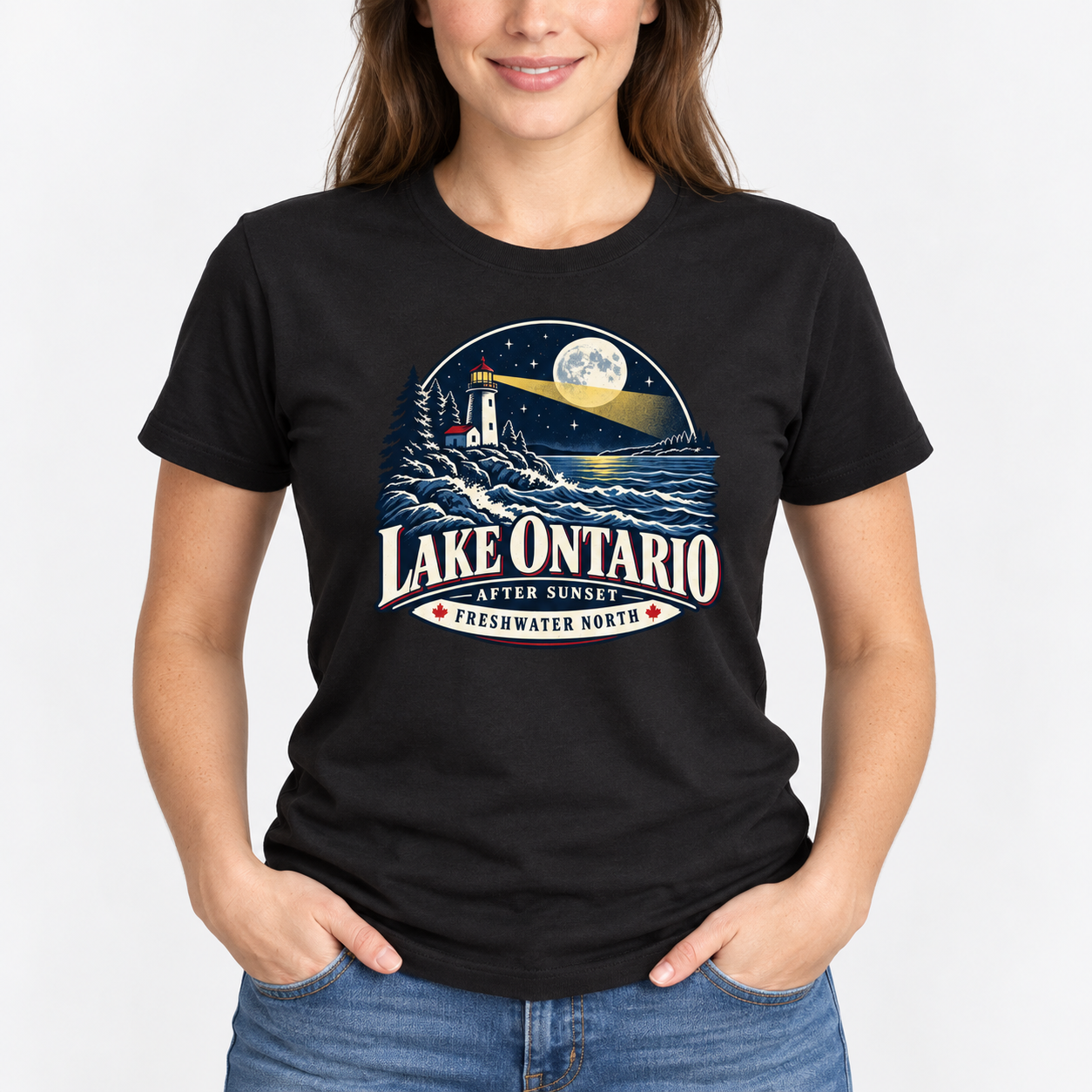 Lake Ontario Lighthouse T-Shirt, After Sunset Moonlight Graphic Tee, Front Print Nautical Lake Lover Gift - Image 3