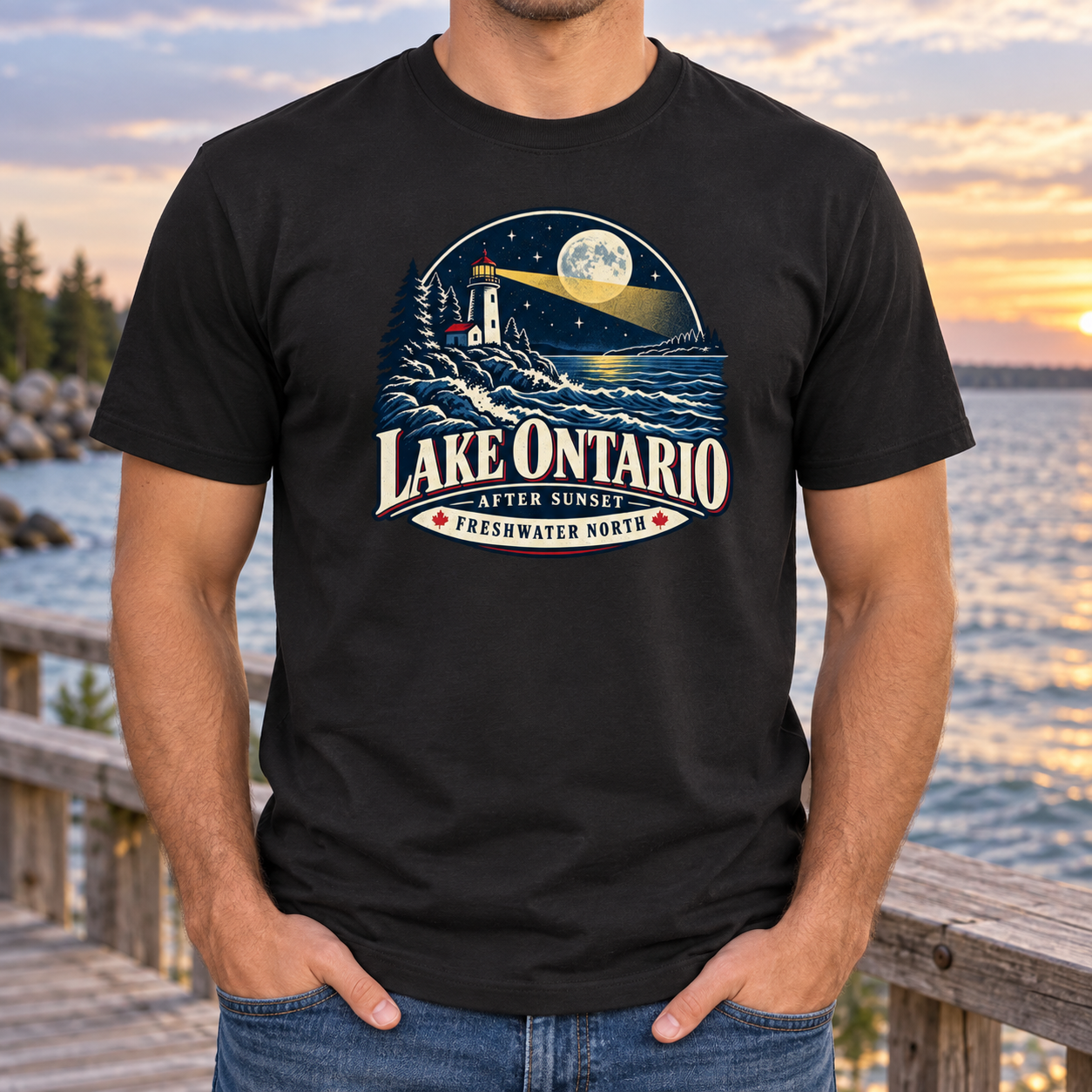 Lake Ontario Lighthouse T-Shirt, After Sunset Moonlight Graphic Tee, Front Print Nautical Lake Lover Gift - Image 4