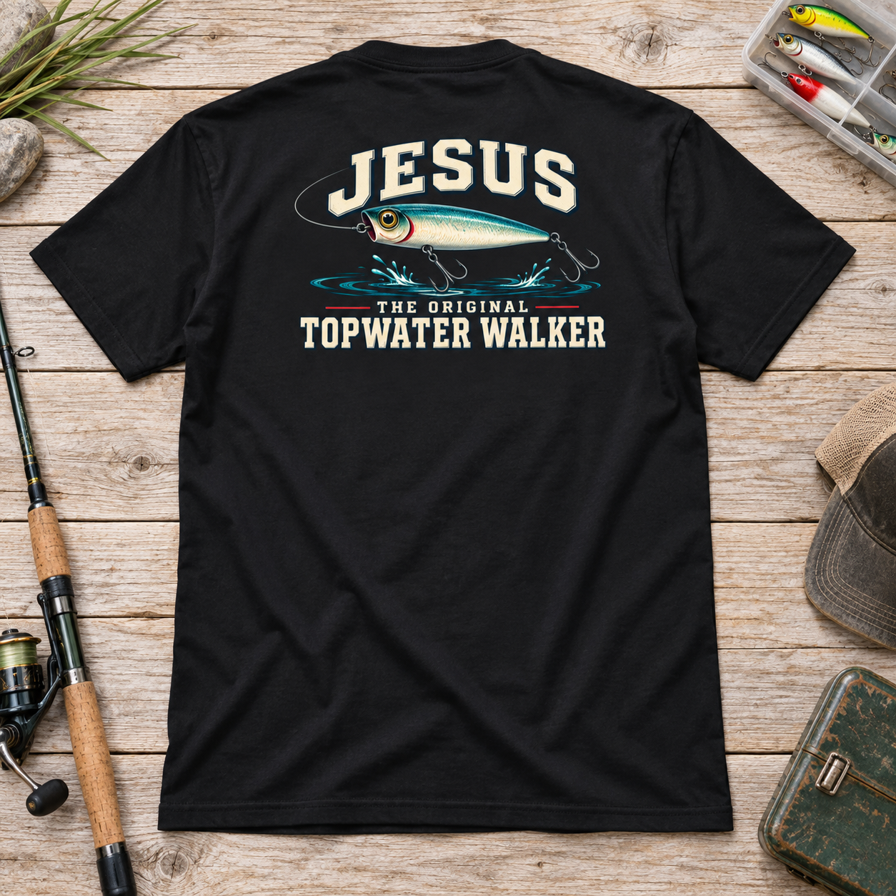 Jesus The Original Topwater Walker T-Shirt, Funny Christian Fishing Graphic Tee, Back Print Angler Gift - Image 4