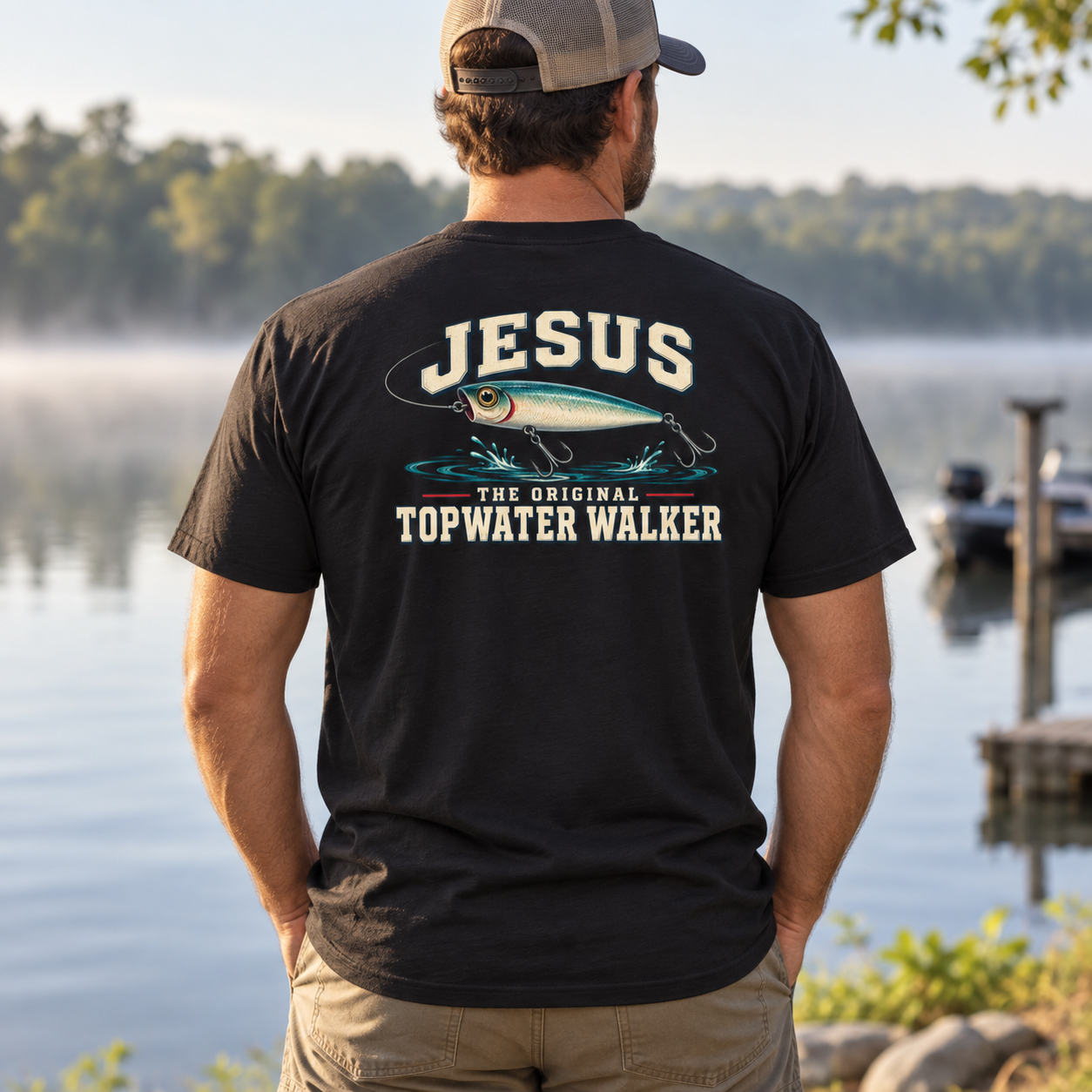 Jesus The Original Topwater Walker T-Shirt, Funny Christian Fishing Graphic Tee, Back Print Angler Gift - Image 5