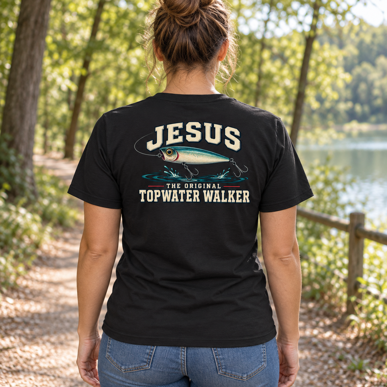 Jesus The Original Topwater Walker T-Shirt, Funny Christian Fishing Graphic Tee, Back Print Angler Gift - Image 6