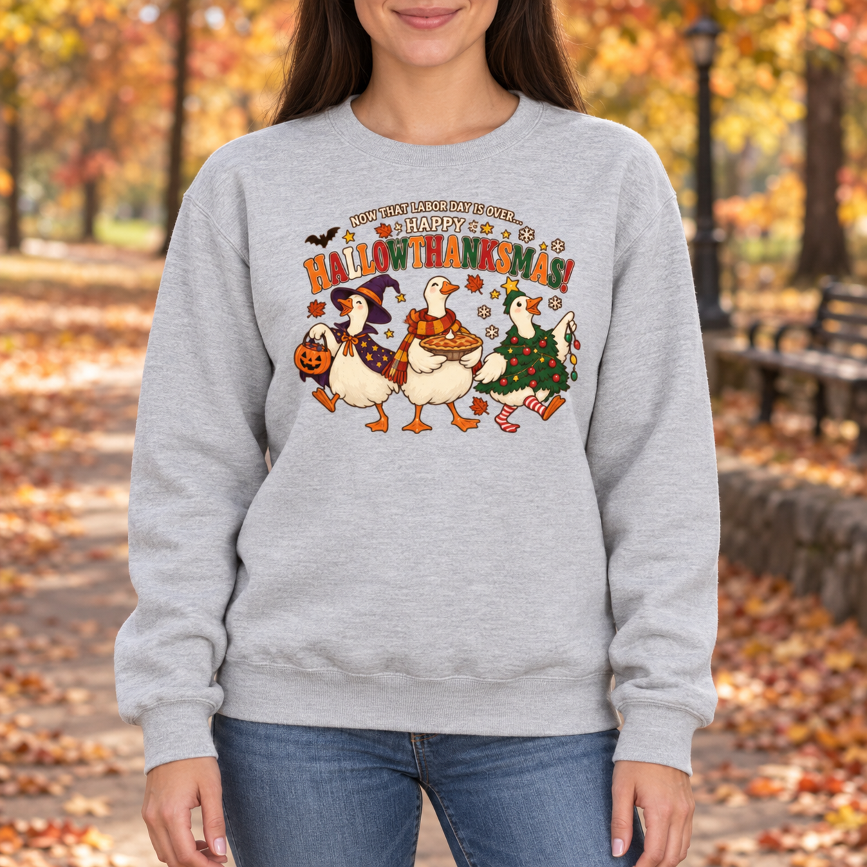 Happy Hallowthanksmas Goose Hoodie -  Long Sleeve Sweatshirt, Funny Holiday Gift - Image 3