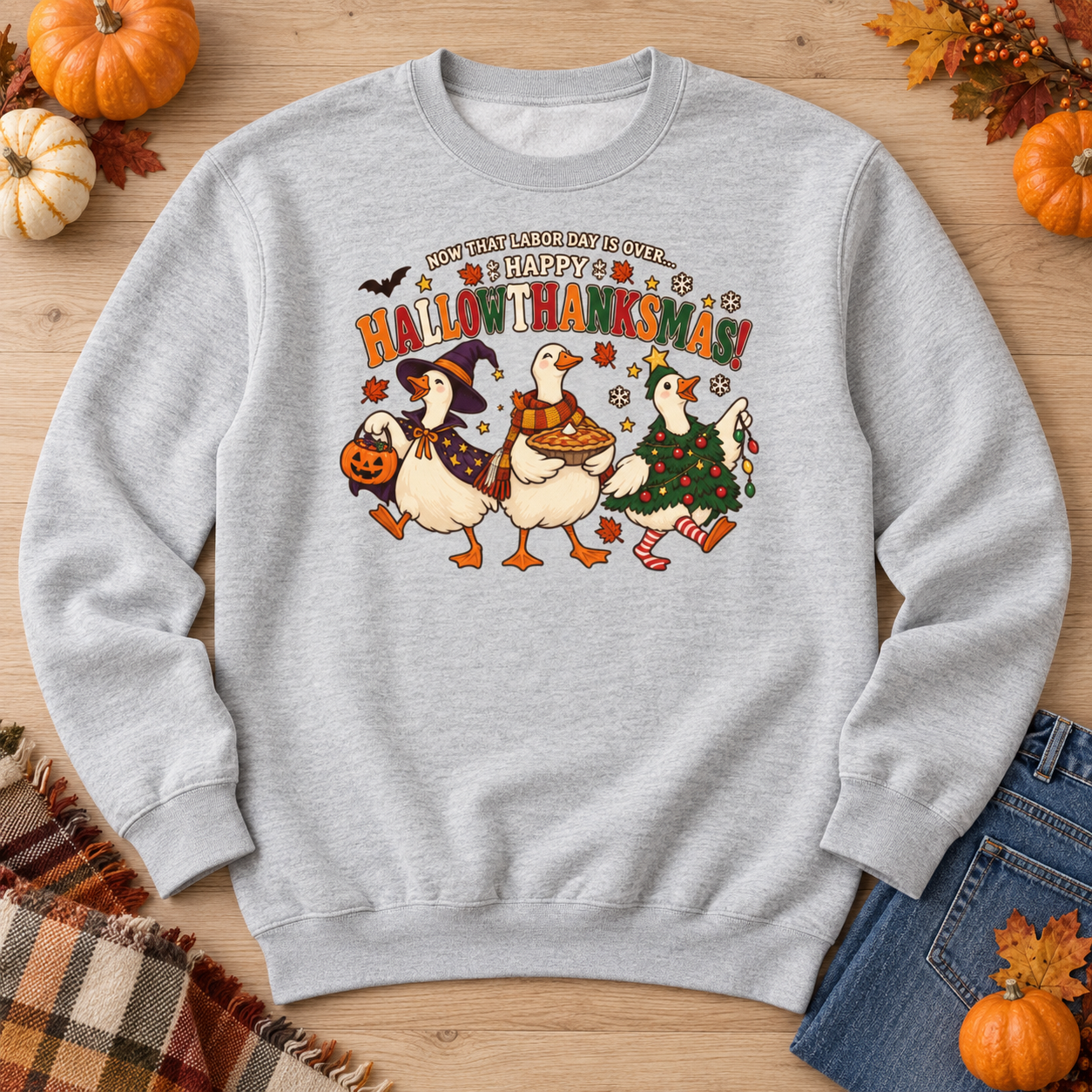 Happy Hallowthanksmas Goose Hoodie -  Long Sleeve Sweatshirt, Funny Holiday Gift - Image 4