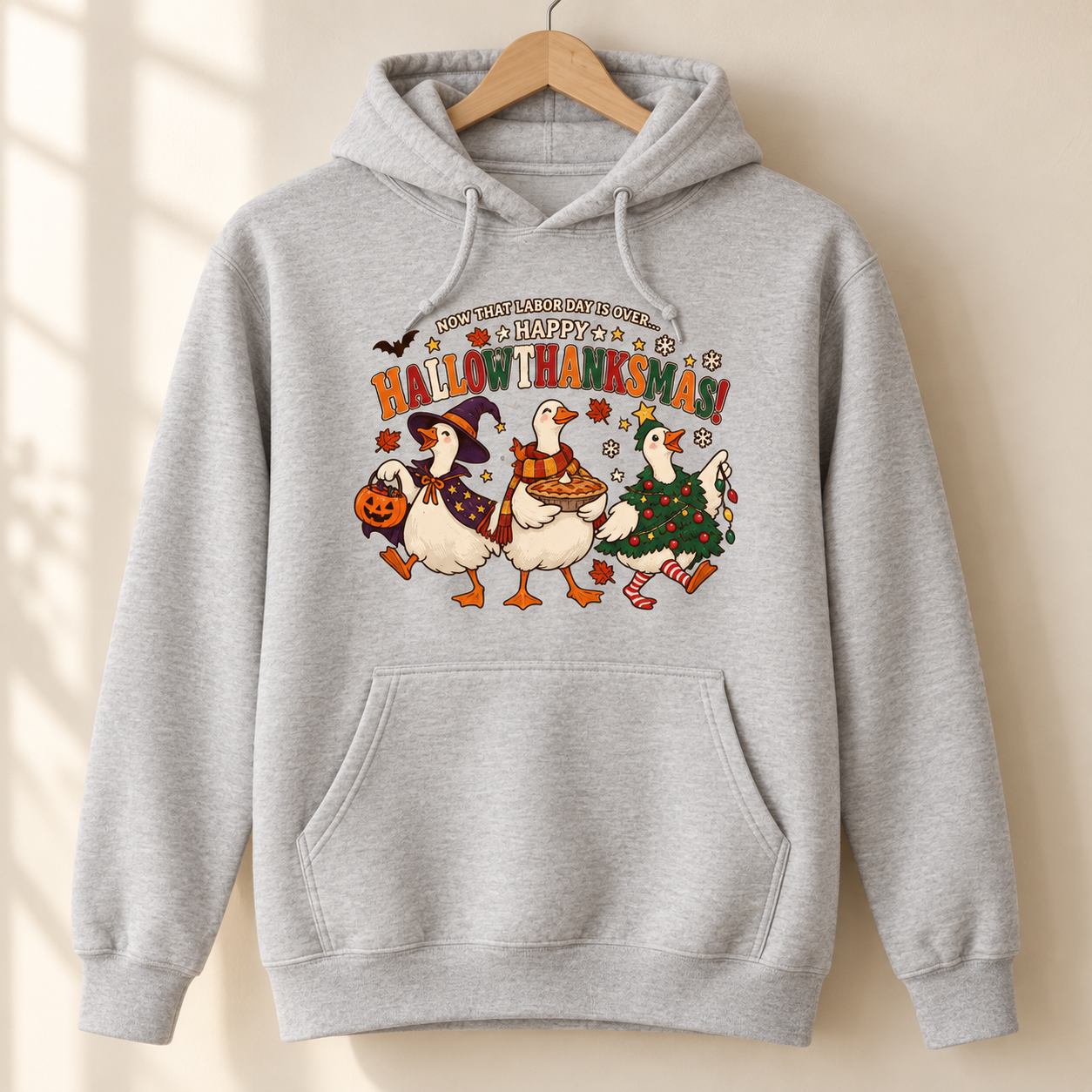 Happy Hallowthanksmas Goose Hoodie -  Long Sleeve Sweatshirt, Funny Holiday Gift - Image 5