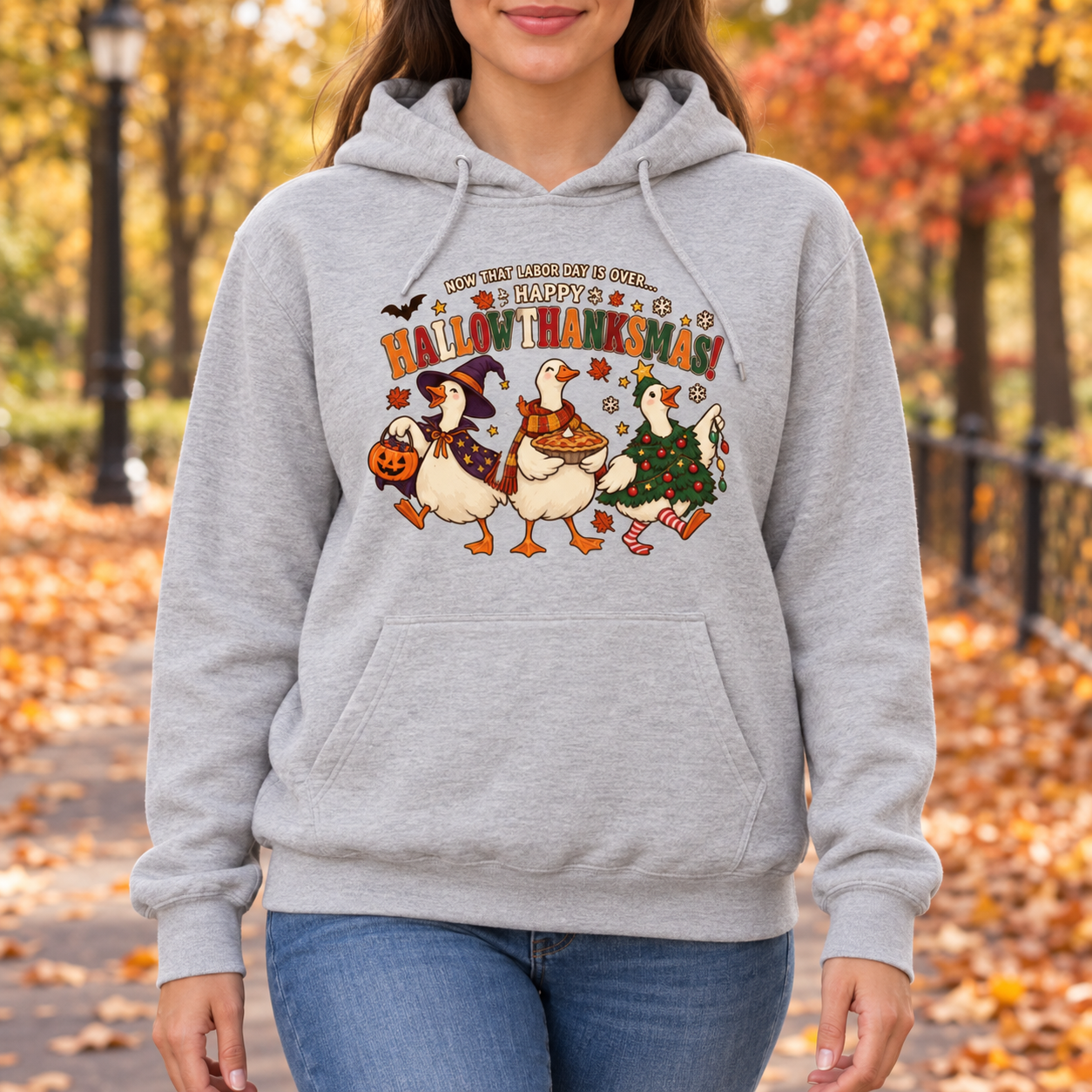 Happy Hallowthanksmas Goose Hoodie -  Long Sleeve Sweatshirt, Funny Holiday Gift - Image 7