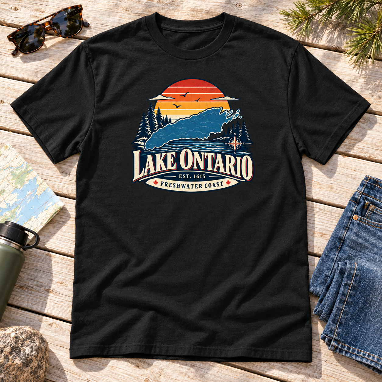 Great Lakes T-Shirt, Five Lakes One Wild Heart Retro Sunset Map Graphic Tee, Front Print Lake Lover Gift - Image 5