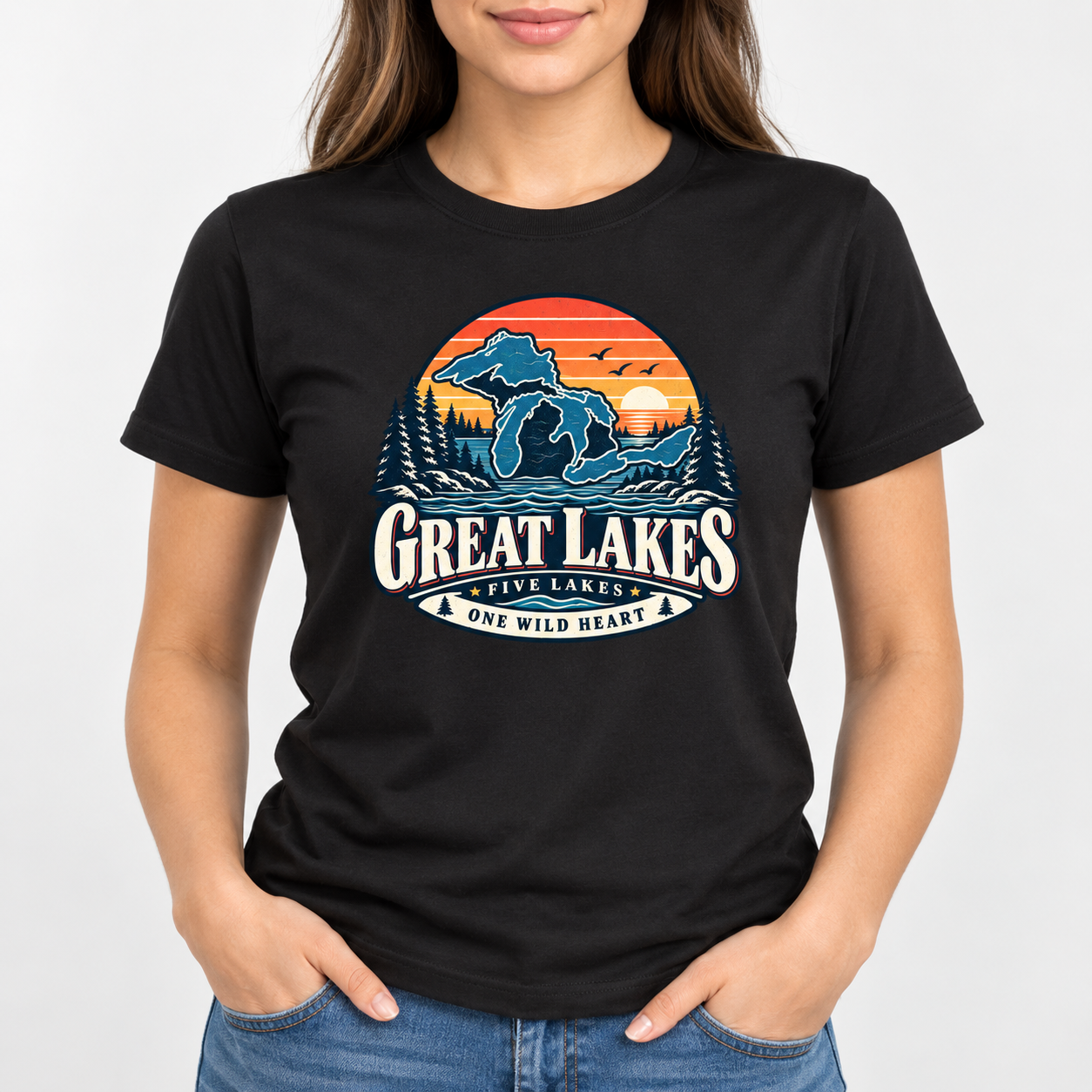 Great Lakes T-Shirt, Five Lakes One Wild Heart Retro Sunset Map Graphic Tee, Front Print Lake Lover Gift - Image 6