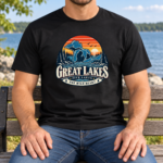 Great Lakes T-Shirt, Five Lakes One Wild Heart Retro Sunset Map Graphic Tee, Front Print Lake Lover Gift - Thumbnail Image 7