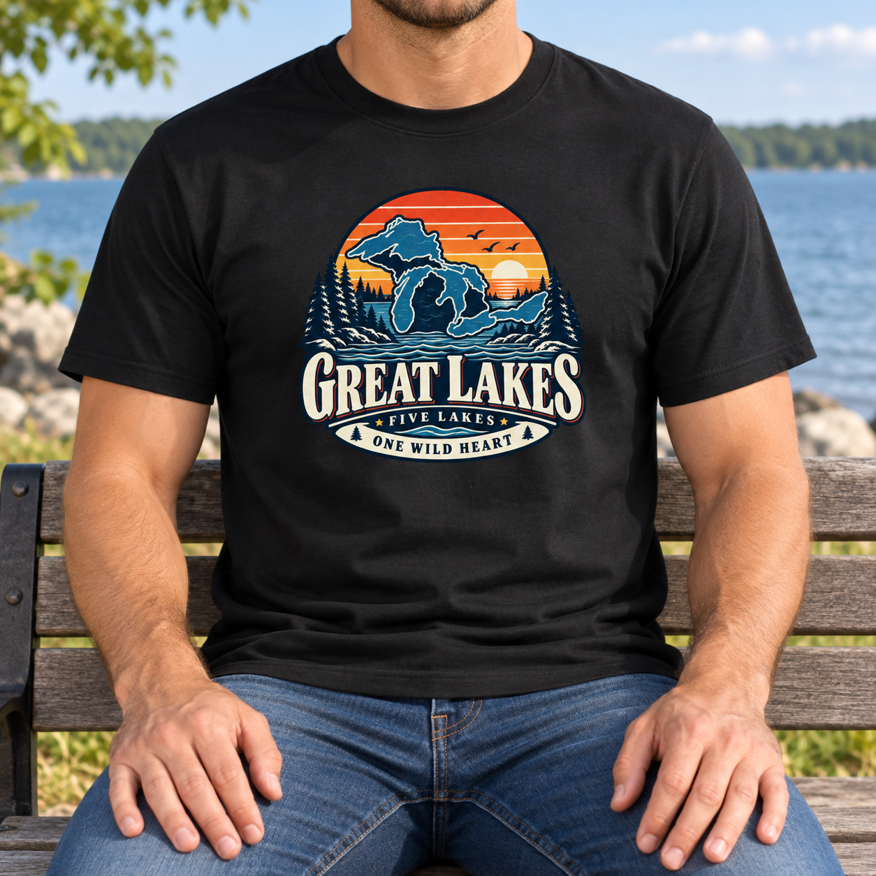 Great Lakes T-Shirt, Five Lakes One Wild Heart Retro Sunset Map Graphic Tee, Front Print Lake Lover Gift - Image 7