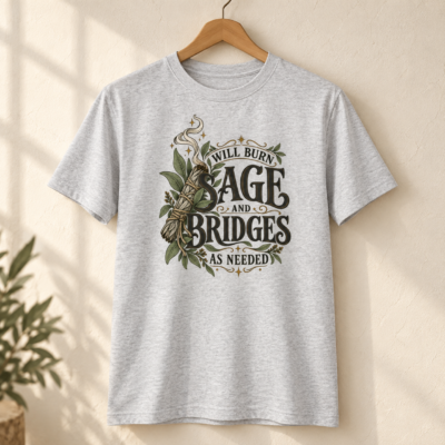 Alternative view of Will Burn Sage and Bridges As Needed T-Shirt, Funny Witchy Botanical Graphic Tee, Front Print Spiritual Humor Shirt