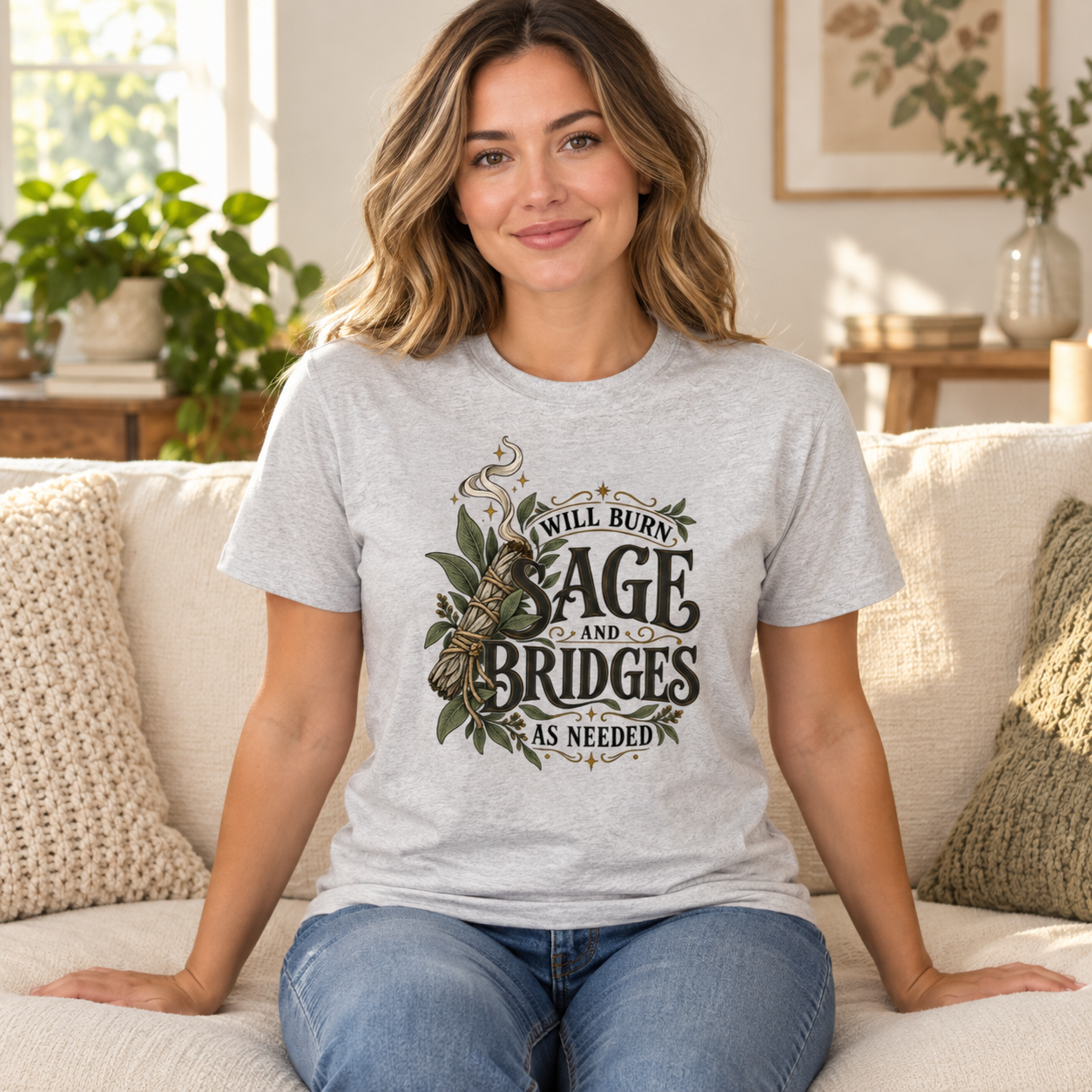 Will Burn Sage and Bridges As Needed T-Shirt, Funny Witchy Botanical Graphic Tee, Front Print Spiritual Humor Shirt - Image 4
