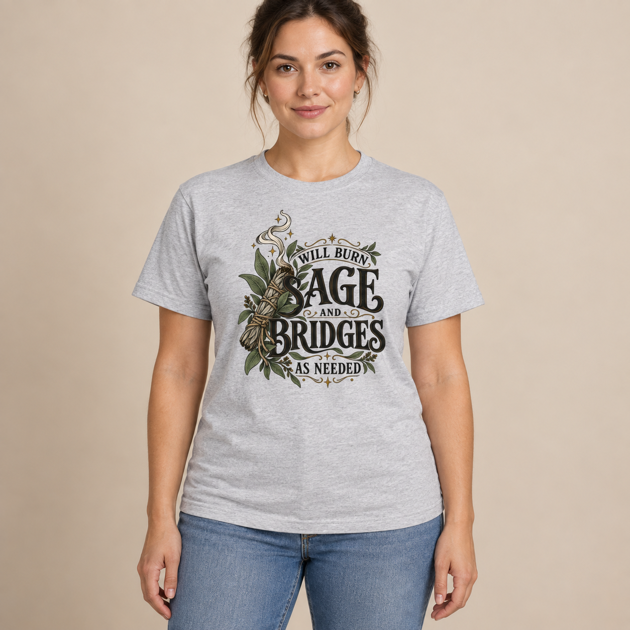 Will Burn Sage and Bridges As Needed T-Shirt, Funny Witchy Botanical Graphic Tee, Front Print Spiritual Humor Shirt - Image 6