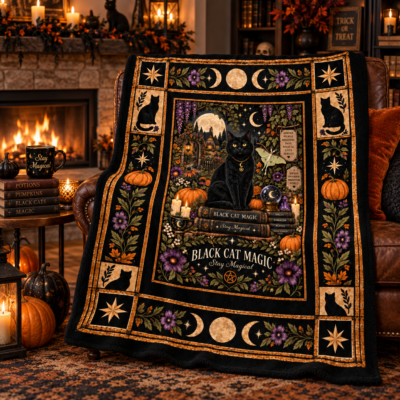 Alternative view of Black Cat Magic Halloween Blanket, Witchy Black Cat Moon & Pumpkin Throw, Gothic Botanical