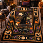 Black Cat Magic Halloween Blanket, Witchy Black Cat Moon & Pumpkin Throw, Gothic Botanical - Thumbnail Image 3