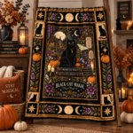 Black Cat Magic Halloween Blanket, Witchy Black Cat Moon & Pumpkin Throw, Gothic Botanical - Thumbnail Image 4