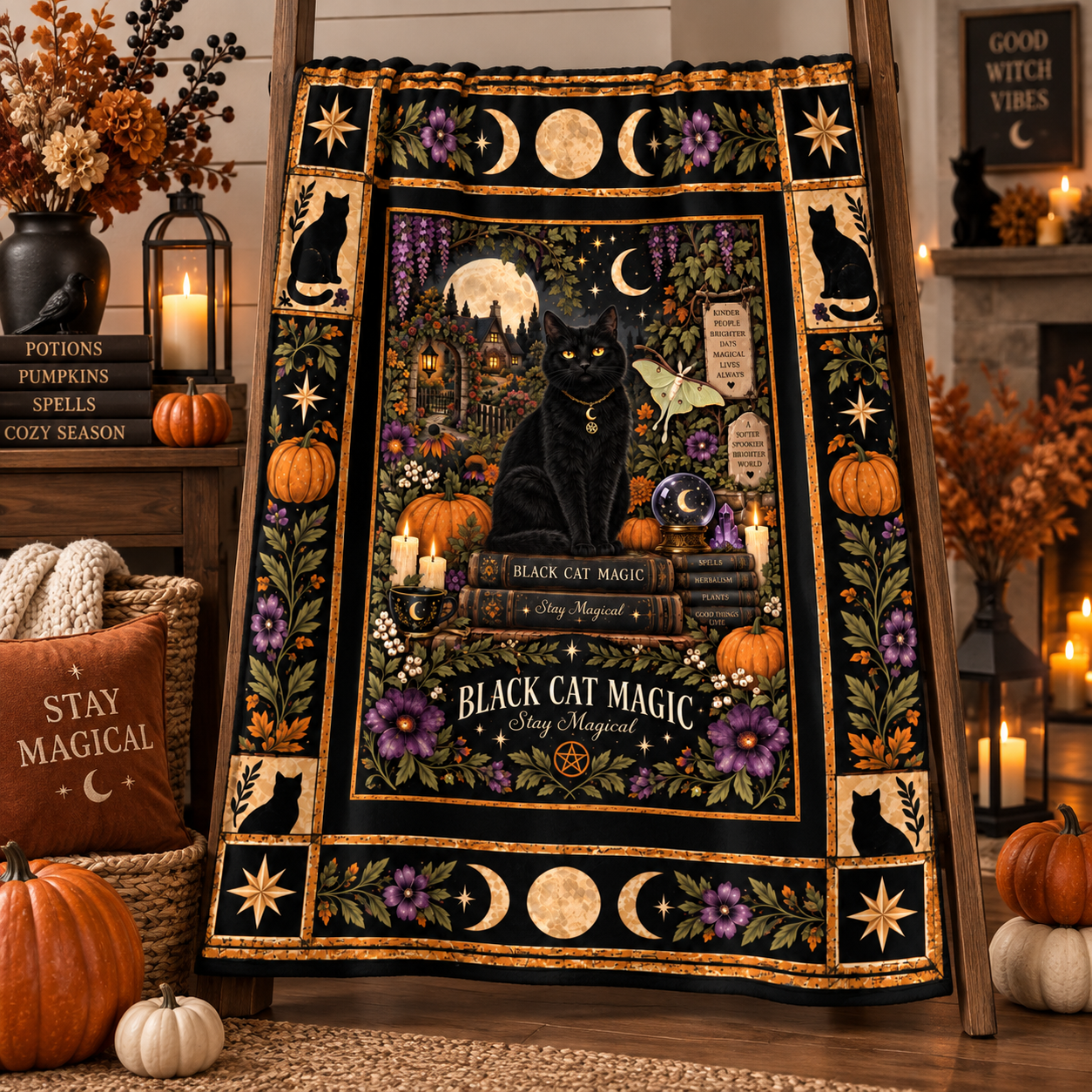 Black Cat Magic Halloween Blanket, Witchy Black Cat Moon & Pumpkin Throw, Gothic Botanical - Image 4