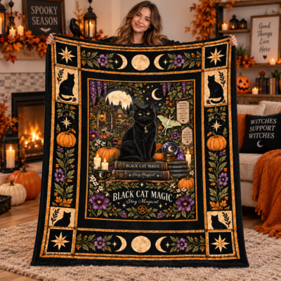 Black Cat Magic Halloween Blanket, Witchy Black Cat Moon & Pumpkin Throw, Gothic Botanical