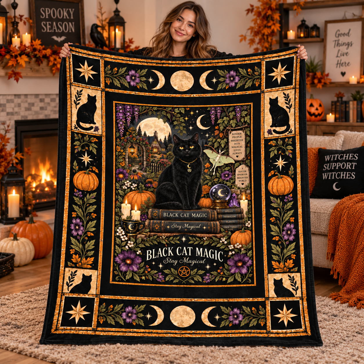 Black Cat Magic Halloween Blanket, Witchy Black Cat Moon & Pumpkin Throw, Gothic Botanical - Image 1