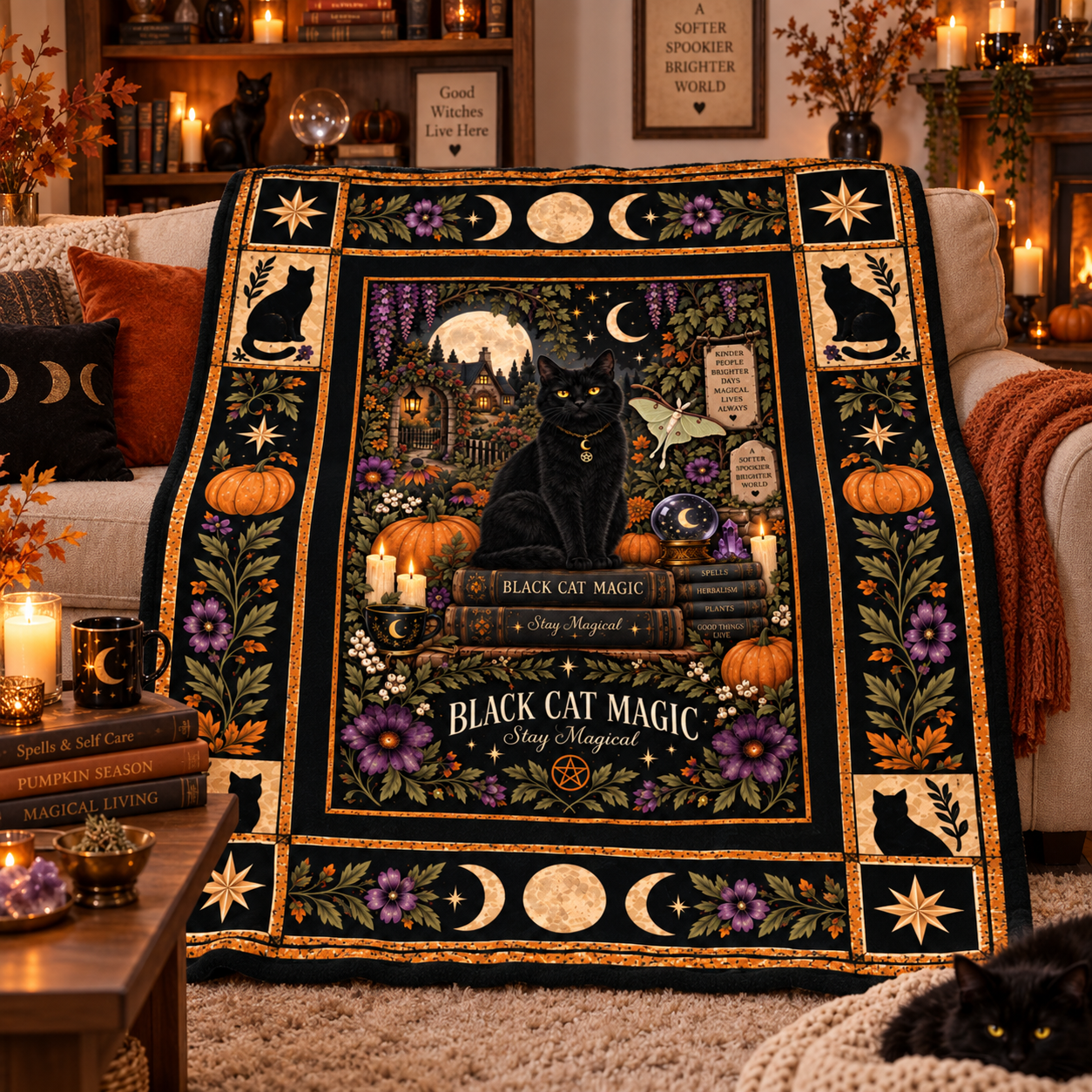 Black Cat Magic Halloween Blanket, Witchy Black Cat Moon & Pumpkin Throw, Gothic Botanical - Image 6