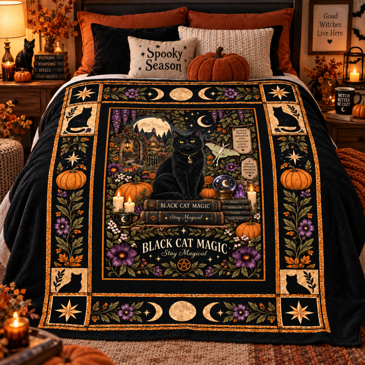 Black Cat Magic Halloween Blanket, Witchy Black Cat Moon & Pumpkin Throw, Gothic Botanical - Image 7