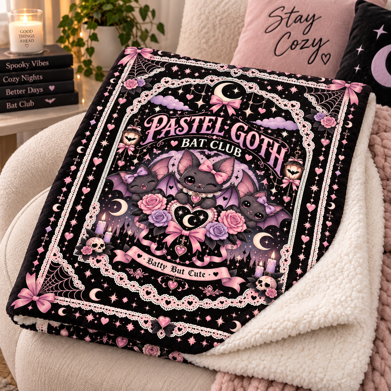 Pastel Goth Bat Halloween Blanket, Batty But Cute Pink Gothic Throw, Coquette Bat Blanket - Image 2