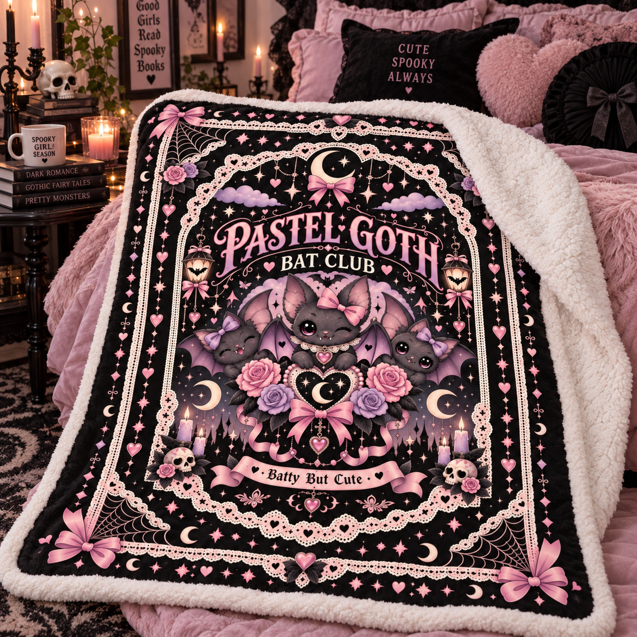 Pastel Goth Bat Halloween Blanket, Batty But Cute Pink Gothic Throw, Coquette Bat Blanket - Image 3