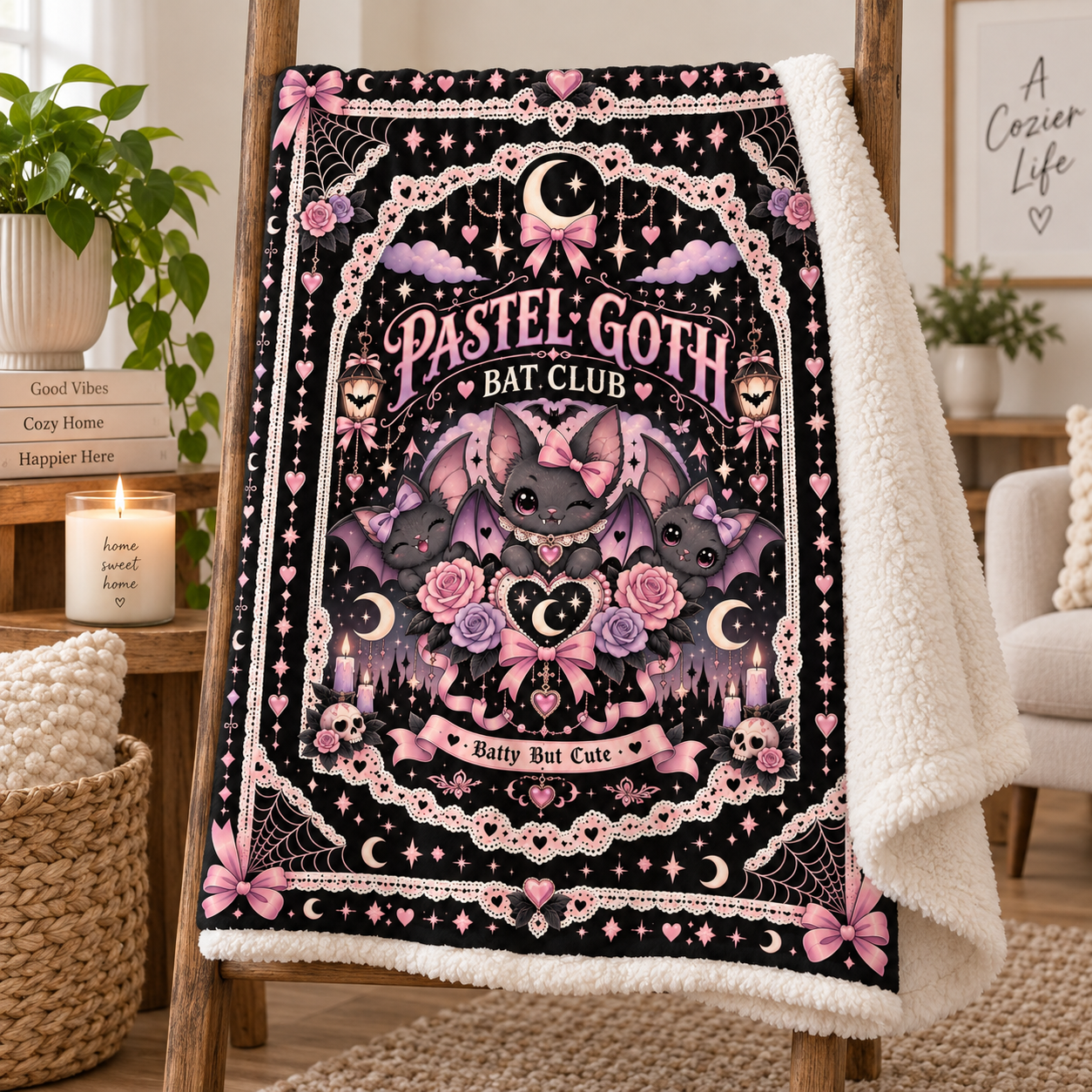 Pastel Goth Bat Halloween Blanket, Batty But Cute Pink Gothic Throw, Coquette Bat Blanket - Image 4