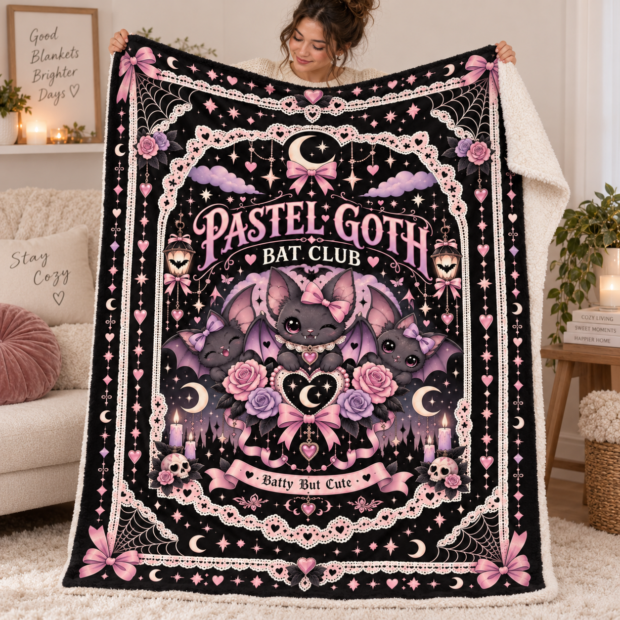 Pastel Goth Bat Halloween Blanket, Batty But Cute Pink Gothic Throw, Coquette Bat Blanket - Image 5
