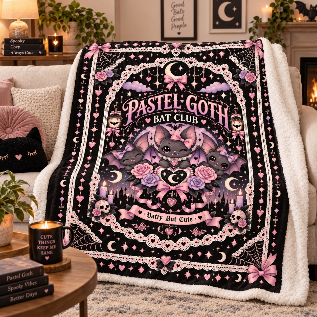 Pastel Goth Bat Halloween Blanket, Batty But Cute Pink Gothic Throw, Coquette Bat Blanket - Image 6