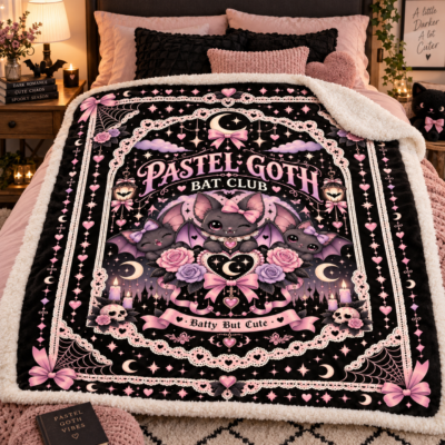 Pastel Goth Bat Halloween Blanket, Batty But Cute Pink Gothic Throw, Coquette Bat Blanket