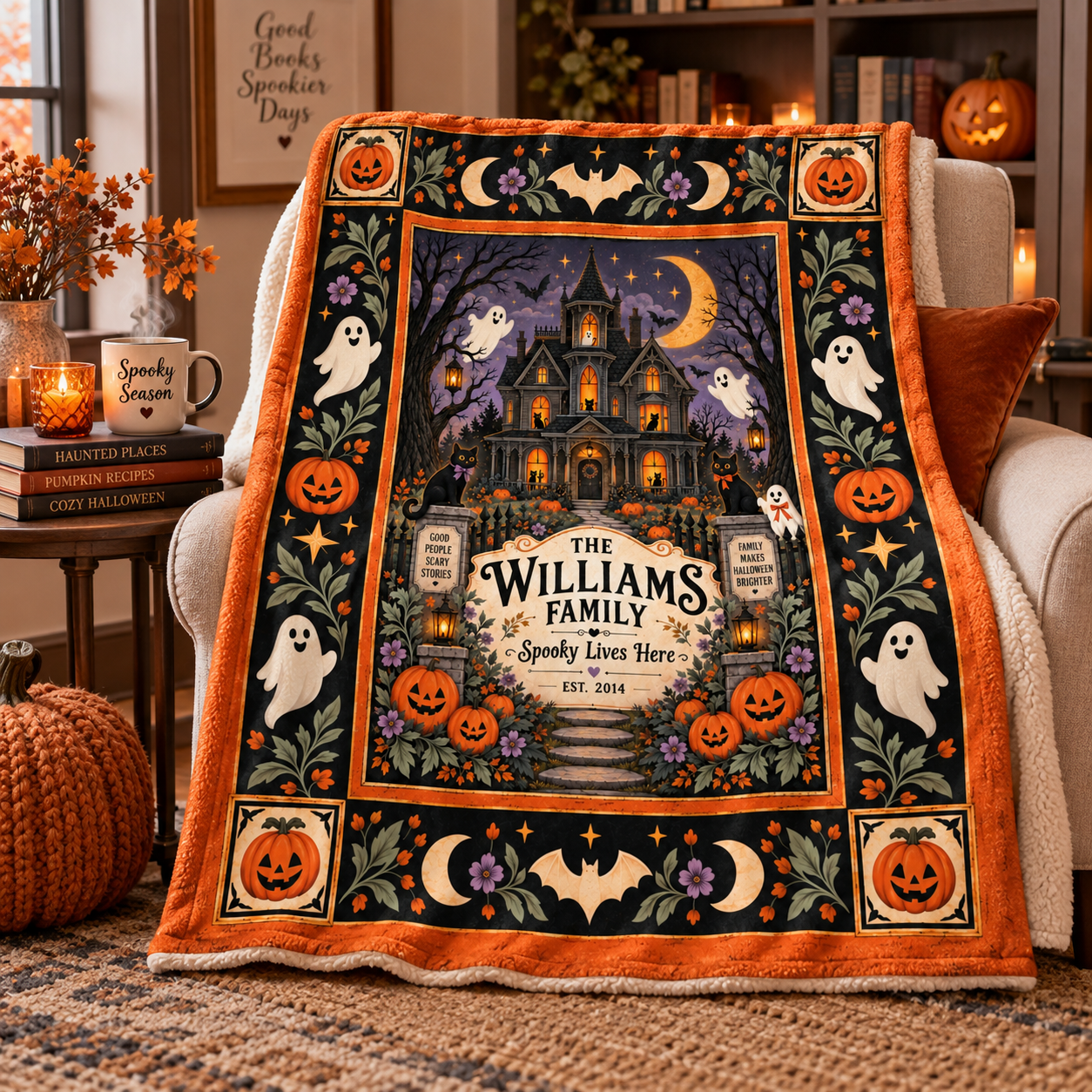 Personalized Halloween Family Blanket, Custom Family Name Haunted House Throw, Spooky Lives - Image 6