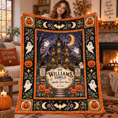 Personalized Halloween Family Blanket, Custom Family Name Haunted House Throw, Spooky Lives