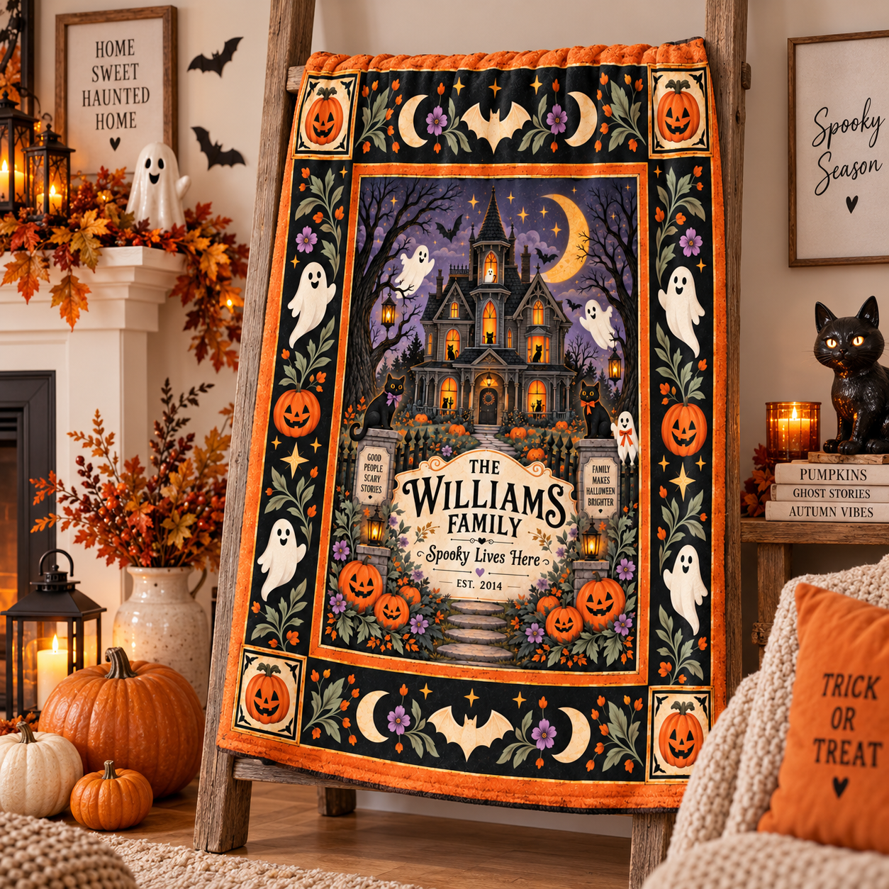 Personalized Halloween Family Blanket, Custom Family Name Haunted House Throw, Spooky Lives - Image 4