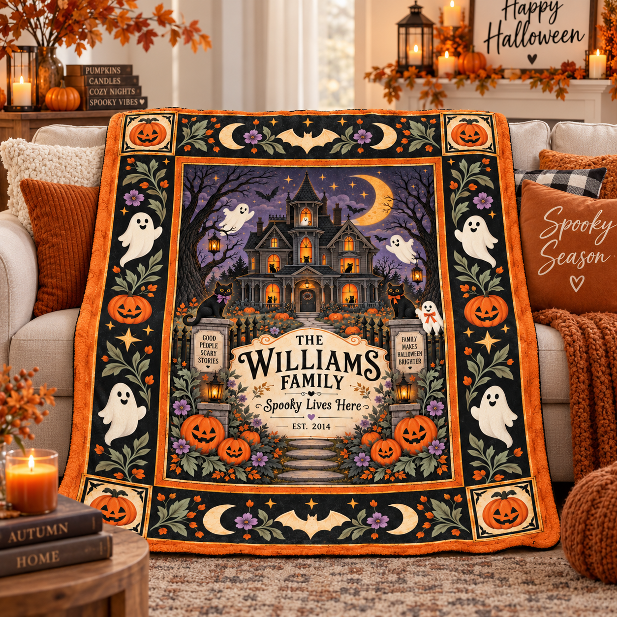 Personalized Halloween Family Blanket, Custom Family Name Haunted House Throw, Spooky Lives - Image 3