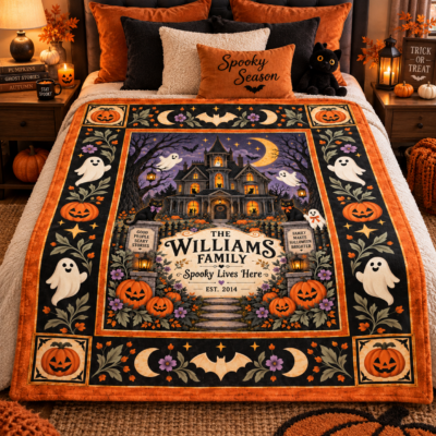 Alternative view of Personalized Halloween Family Blanket, Custom Family Name Haunted House Throw, Spooky Lives