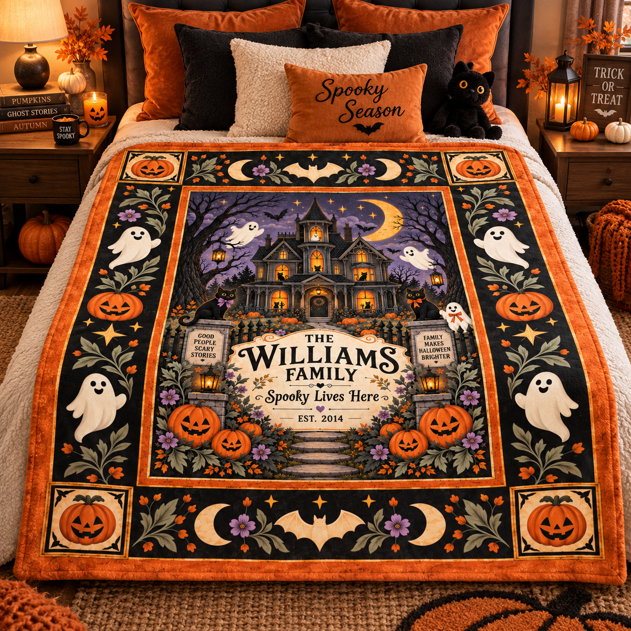 Personalized Halloween Family Blanket, Custom Family Name Haunted House Throw, Spooky Lives - Image 2