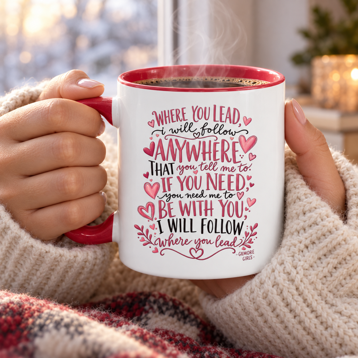 Where You Lead I Will Follow Accent Mug, Mother Daughter Love Coffee Cup, Inspirational Family Gift, Red Two Tone Ceramic Mug - Image 2